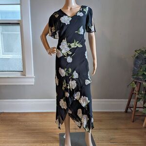 Vintage Y2K Eva Blue Black Midi Dress Beaded Floral Slinky Fairycore Size 14